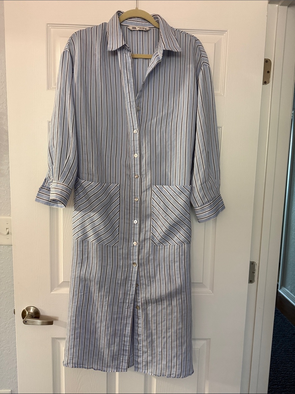 Zara Striped Button-Front Shirt Dress in Light Blue